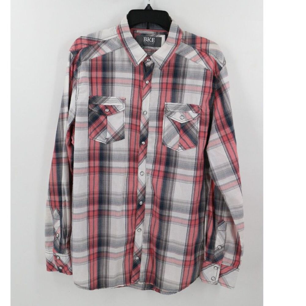 BKE Mens Athletic Fit Pearl Snap Long Sleeve Plaid Shirt Size Large Supernatural